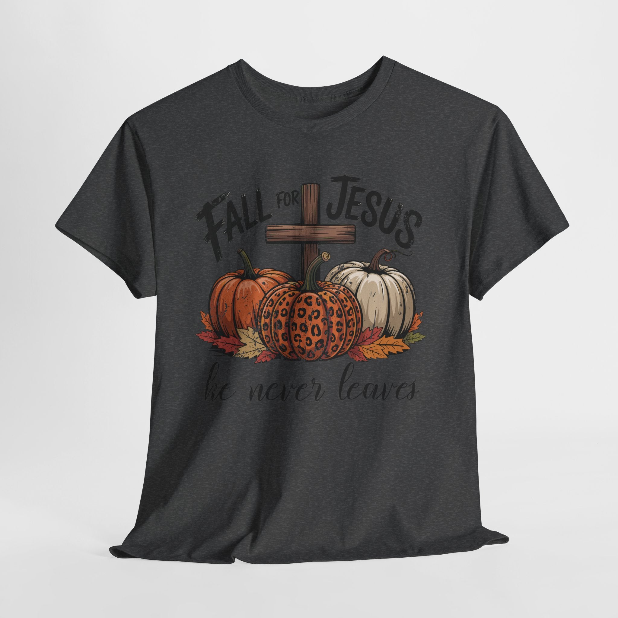 Fall for Jesus Pumpkin Cross Tee — "He Never Leaves" Autumn Christian Unisex Cotton T-Shirt