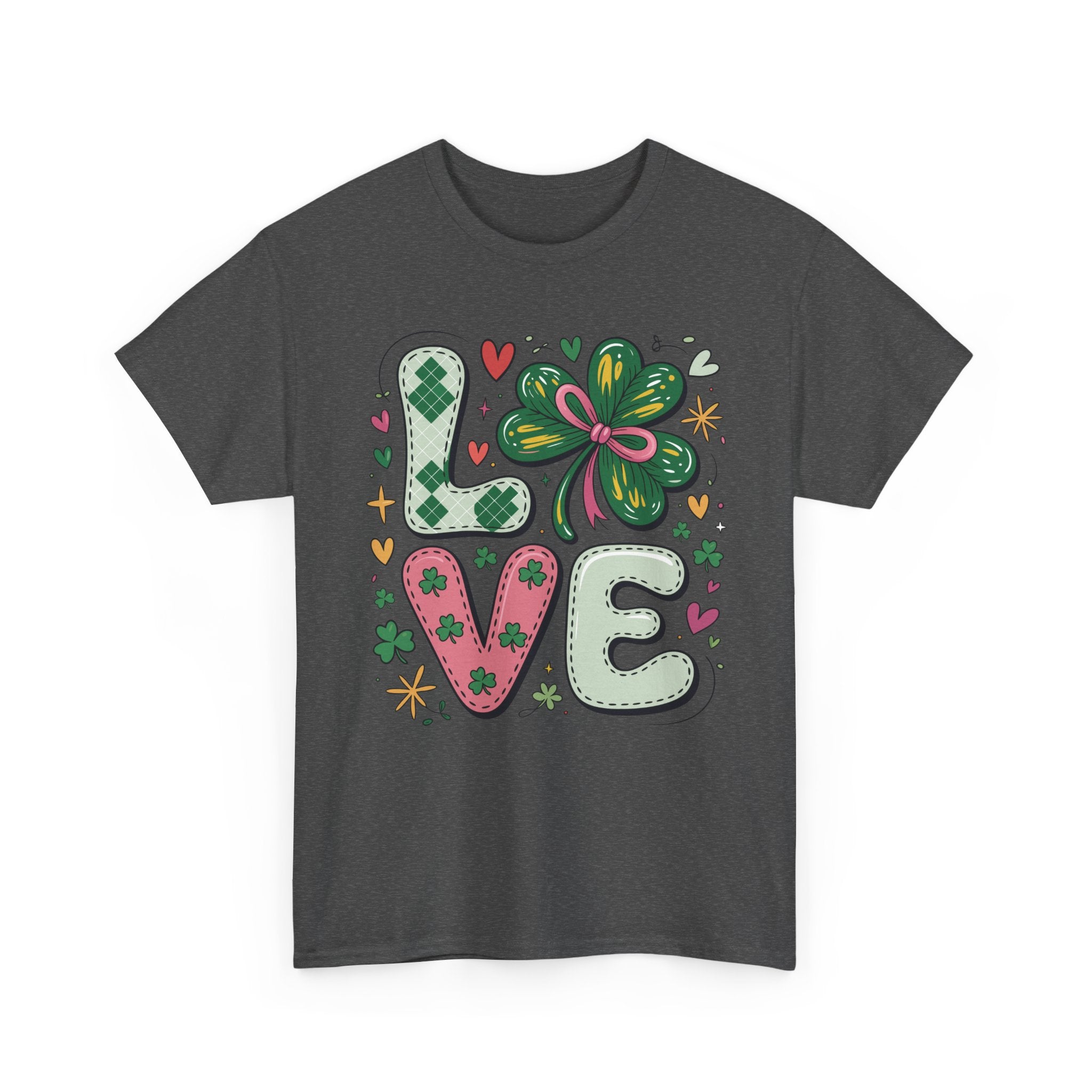 Stitched Clover 'LOVE' Tee — Heart & Patchwork St. Patrick's Unisex Cotton T-Shirt