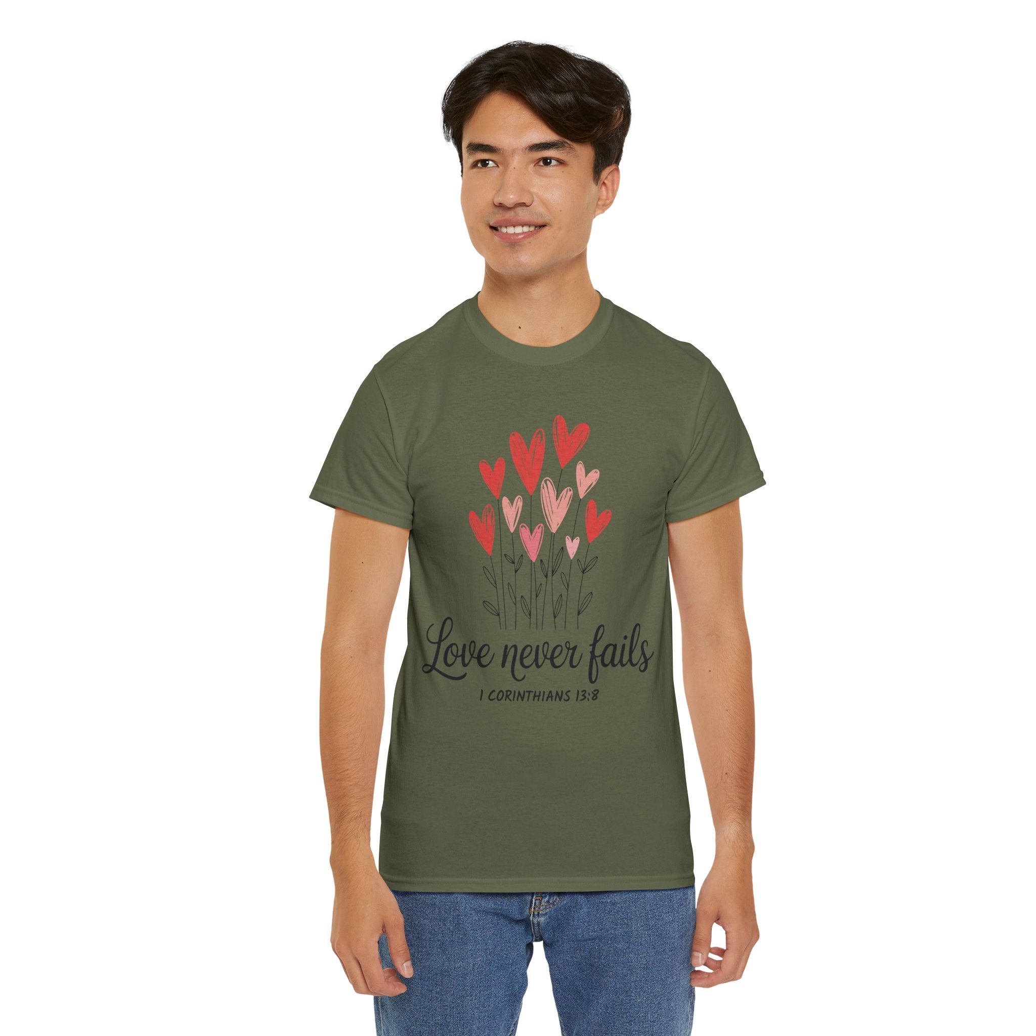 Christian Valentine T-Shirt — "Love Never Fails" (1 Corinthians 13:8) Unisex Cotton Tee