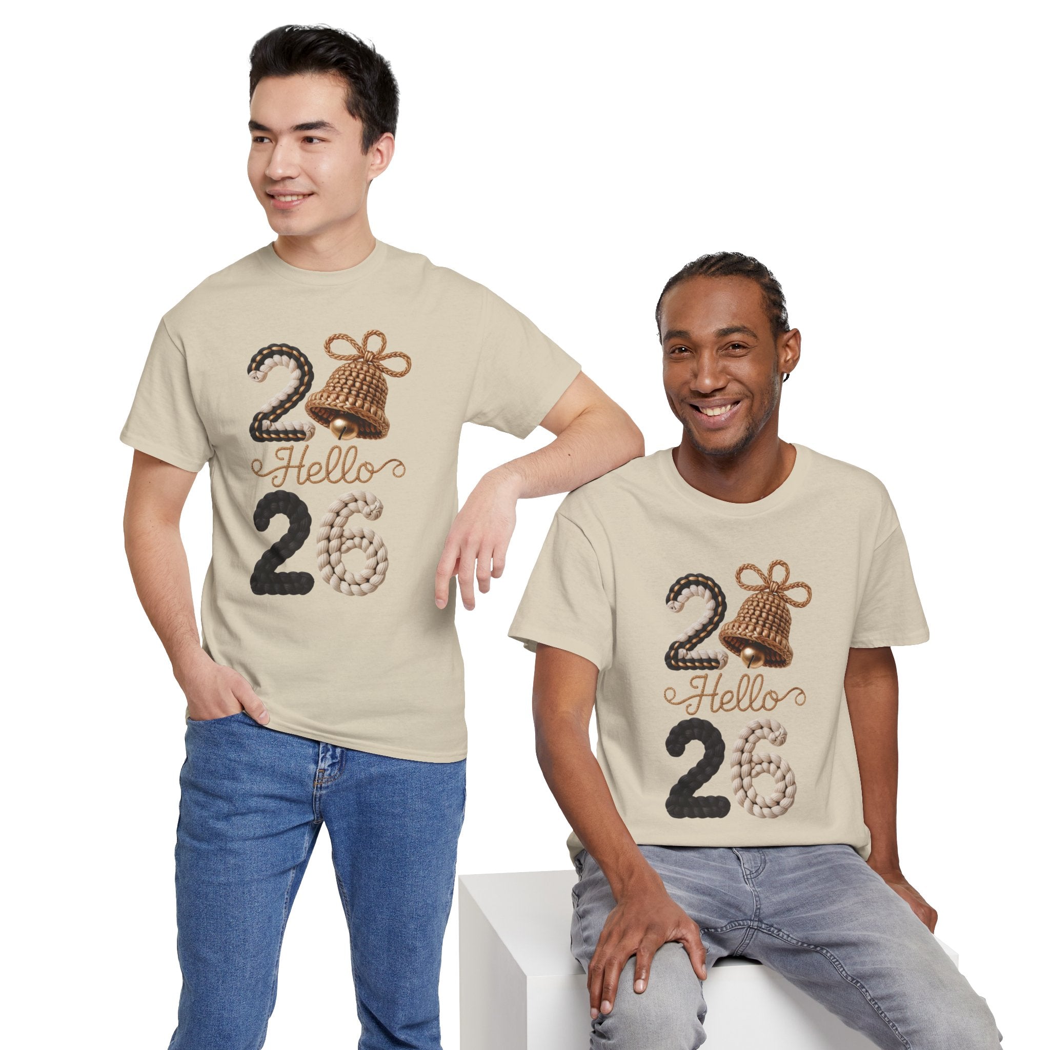 Hello 2026 Tee — Cozy Faux Yarn Braided Numbers with Woven Golden Bell..Unisex Cotton Tee