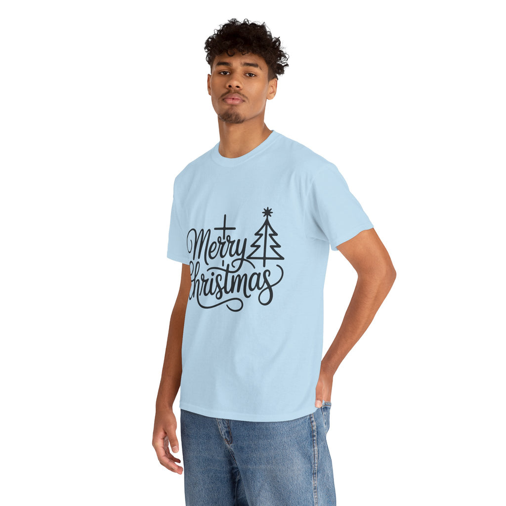 Merry Christmas Script T-Shirt with Cross & Tree(Unisex Cotton Tee)