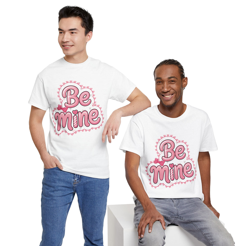 Be Mine Valentine T-Shirt — Pink Bubble Letters with Hearts & Bow..Unisex Cotton Tee