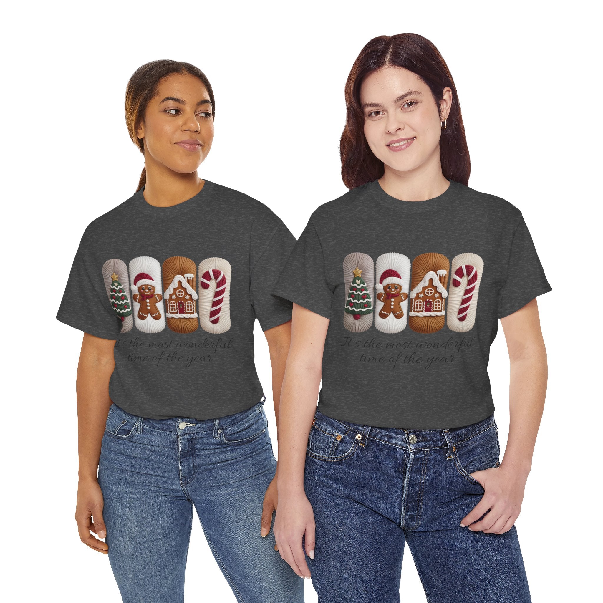 Christmas Faux-Yarn Tree Tee — Gingerbread House & Candy Cane Holiday Unisex Cotton T-Shirt