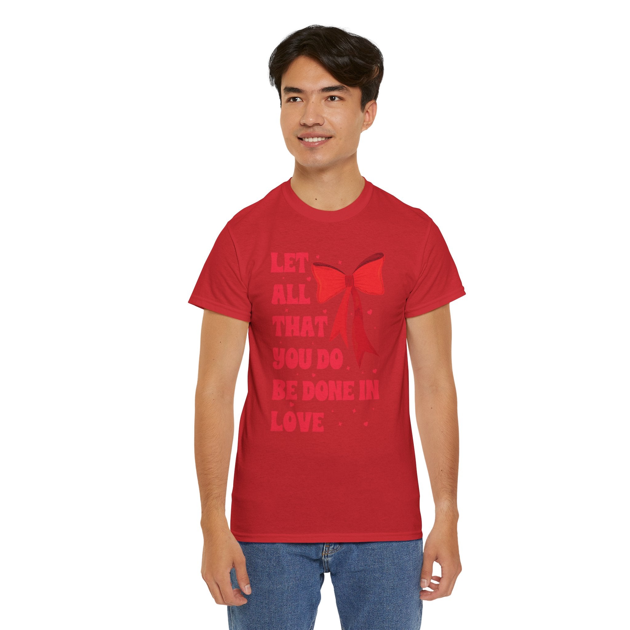 Valentine Tee — "Let All That You Do Be Done in Love" Heart Bow Unisex Cotton Shirt