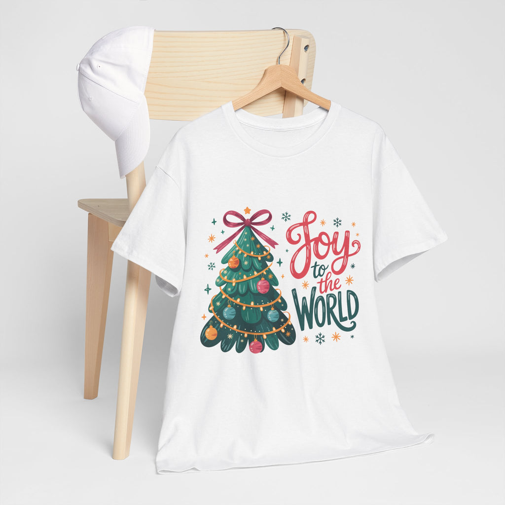 Joy to the World Christmas Tee — Festive Tree with Pink Bow..Unisex Cotton Tee