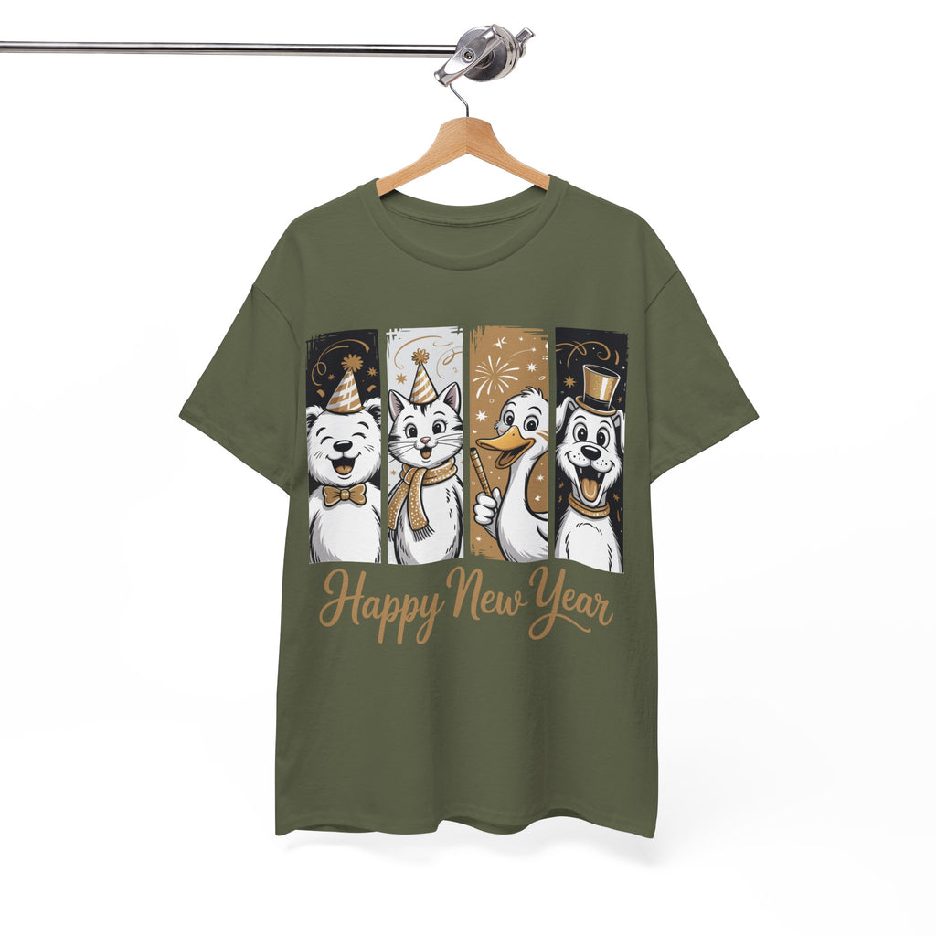 Happy New Year Party Animals T-Shirt — Cute Smiling Animals in Party Hats & Gold Fireworks..Unisex Cotton Tee