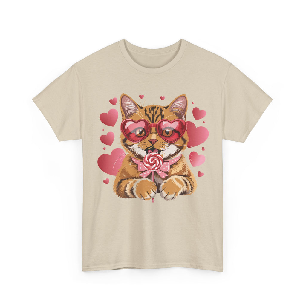 Valentine Cat Tee — Heart Glasses, Lollipop Bow Unisex Cotton Tee