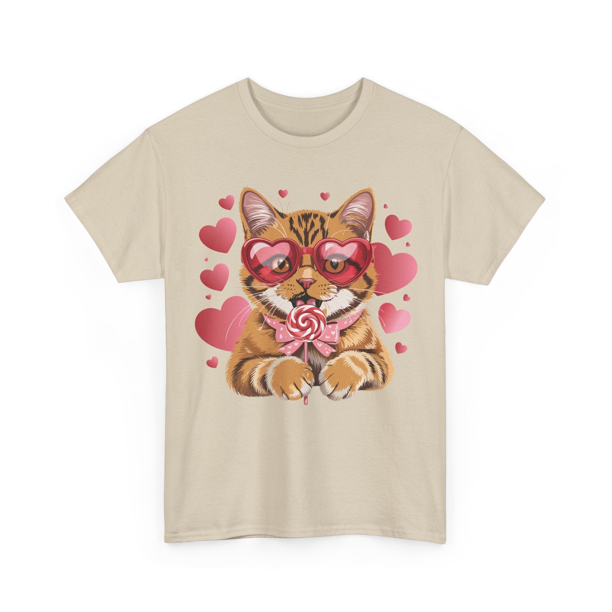 Valentine Cat Tee — Heart Glasses, Lollipop Bow Unisex Cotton Tee