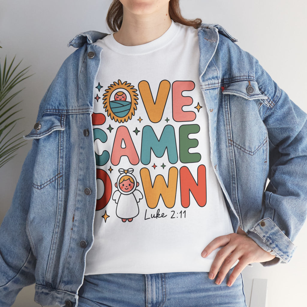 Love Came Down Christmas Tee — Baby Jesus Manger Angel (Luke 2:11)..Unisex Cotton Tee
