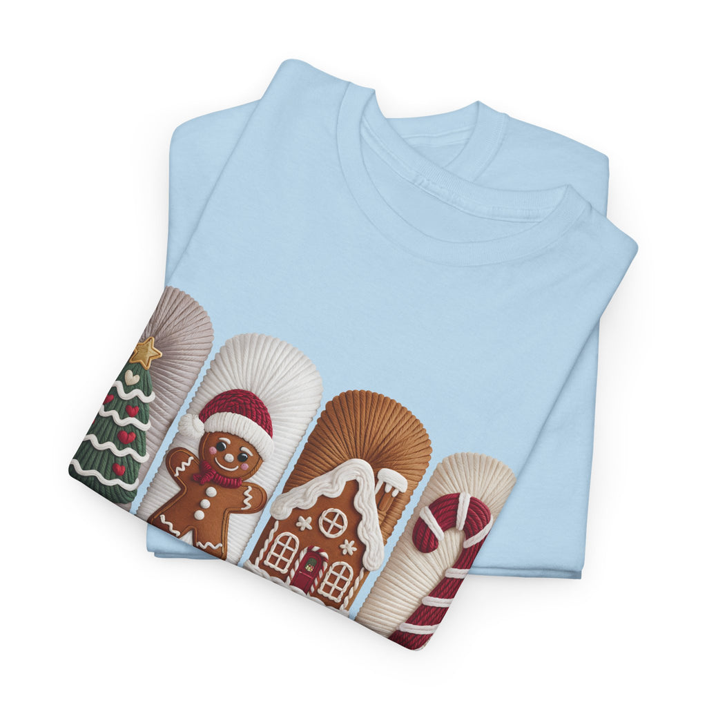 Christmas Faux-Yarn Tree Tee — Gingerbread House & Candy Cane Holiday Unisex Cotton T-Shirt