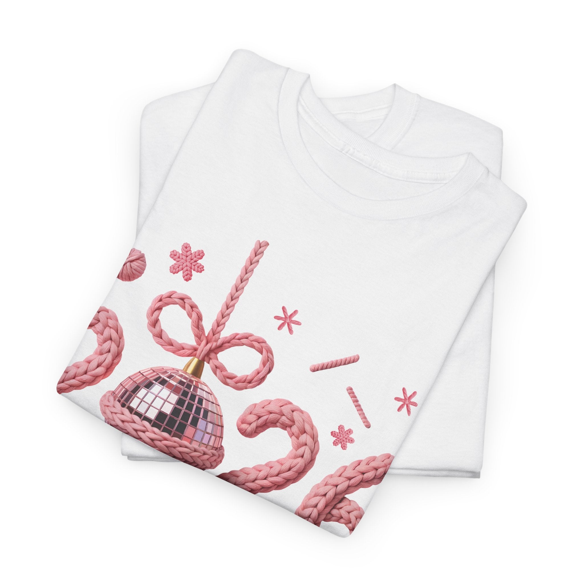 2026 Happy New Year Pink Knitted Disco Ball Unisex Cotton Tee