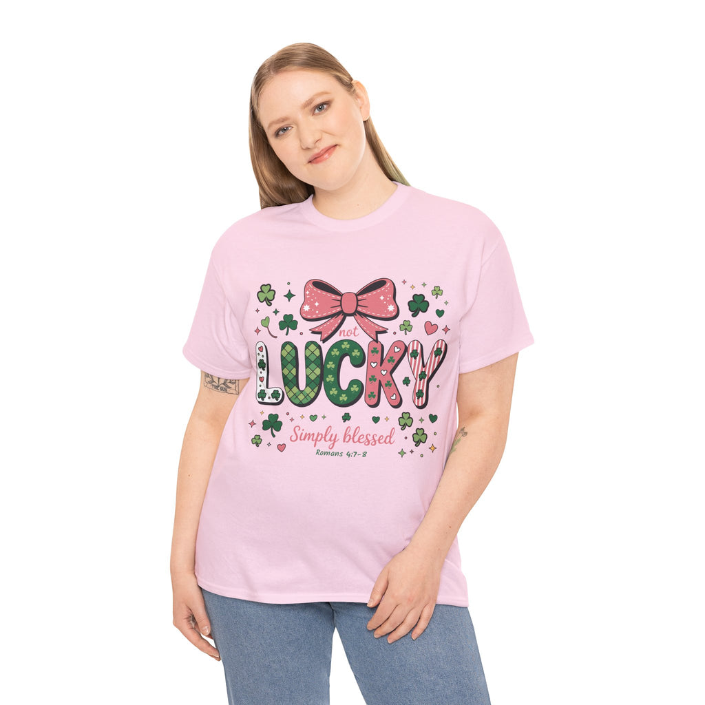 Simply Blessed Tee — “Not Lucky, Simply Blessed” with Pastel Bow, Clovers & Romans 4:7-8 Unisex Cotton Tee