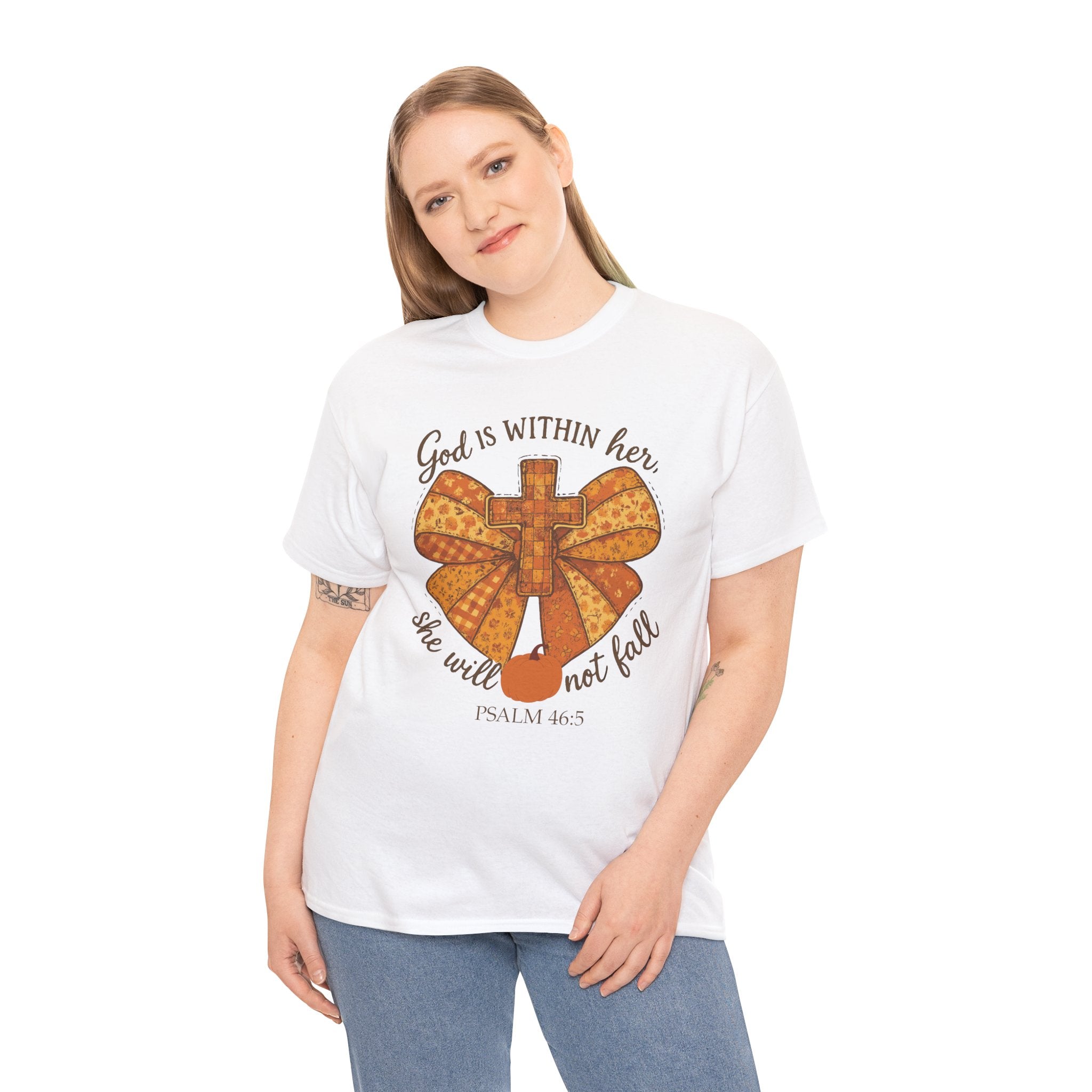 Psalm 46:5 Cross Patchwork Tee — Fall Bow Christian Unisex Cotton T-Shirt