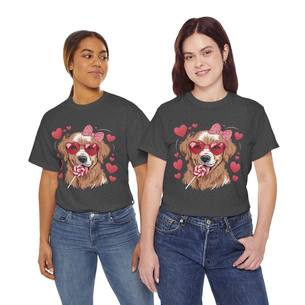Valentine Dog T-Shirt — Cute Pup with Heart Glasses, Pink Bow & Lollipop..Unisex Cotton Tee