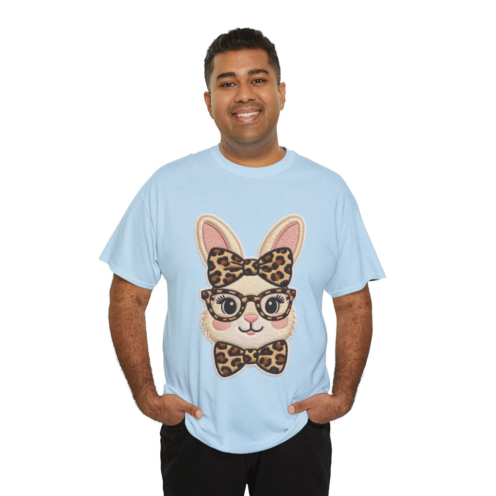 Leopard Bow Bunny Embroidered Tee — Cute Bunny Face with Glasses Patch Unisex Cotton Tee