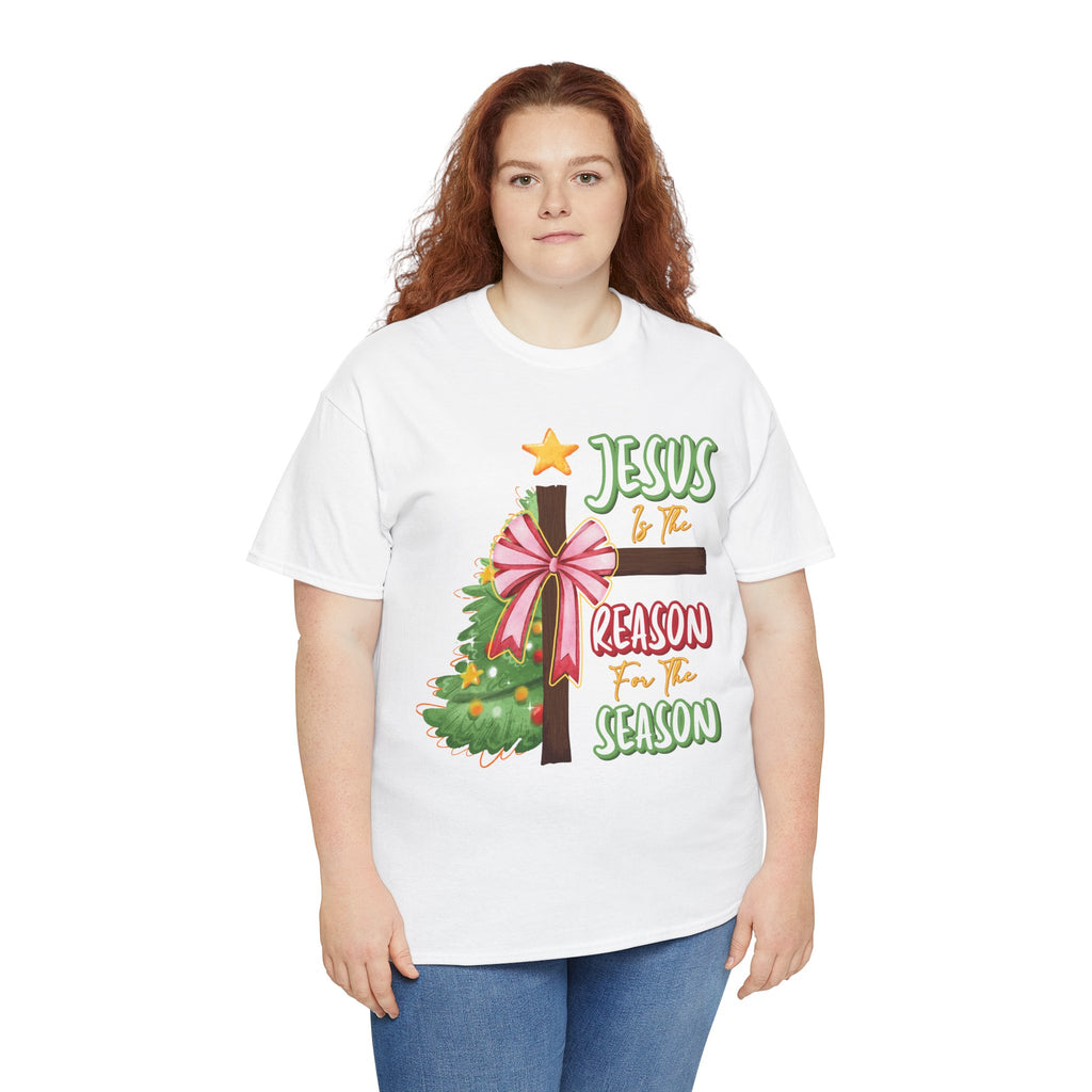 Jesus Is the Reason for the Season Christmas Tee — Cross with Pink Bow & Tree. Unisex Cotton Tee