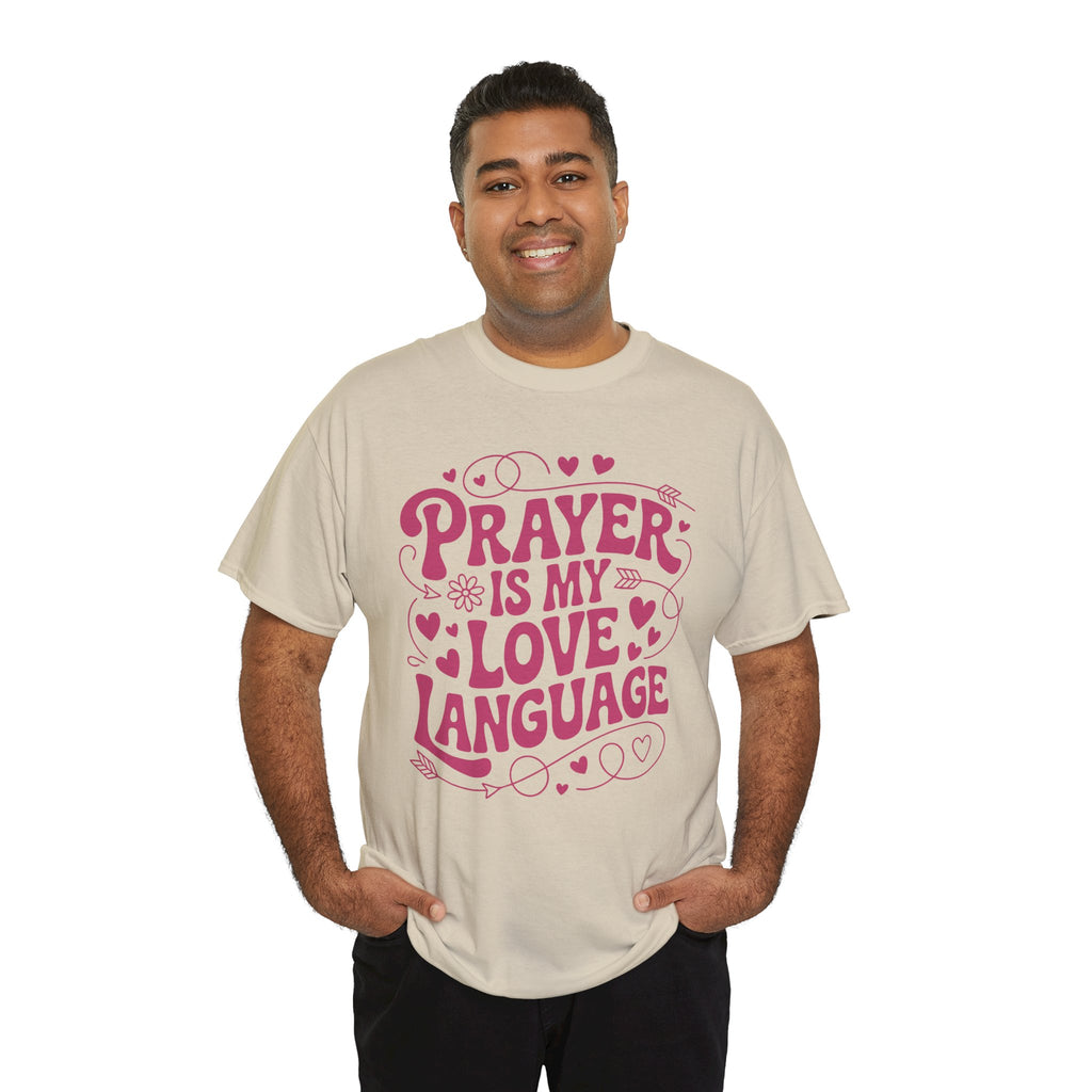 Prayer Is My Love Language Christian Tee — Pastel Pink Hearts Unisex Cotton Tee