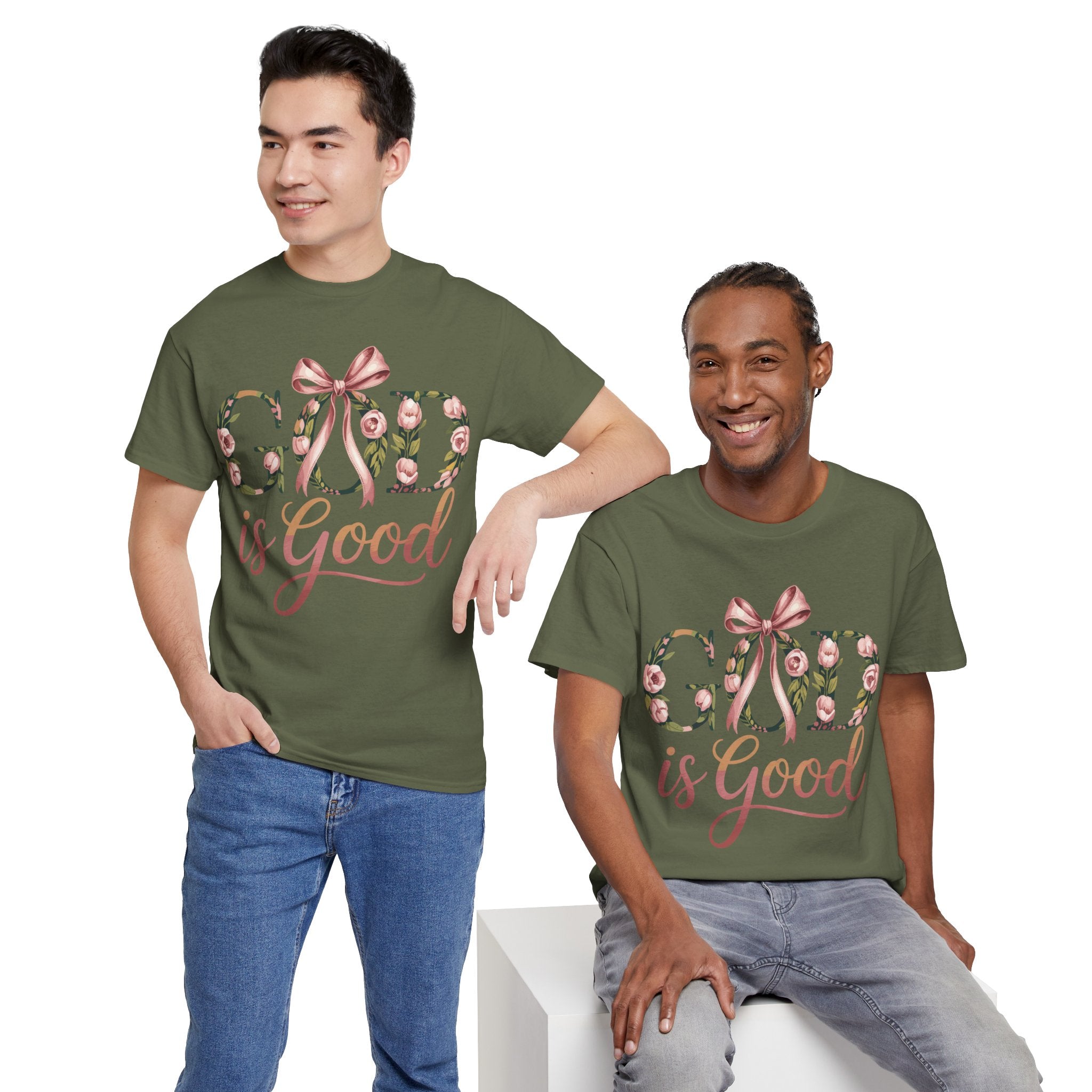 God Is Good Pink Rose Tee — Floral Ribbon Faith Unisex Cotton T-Shirt