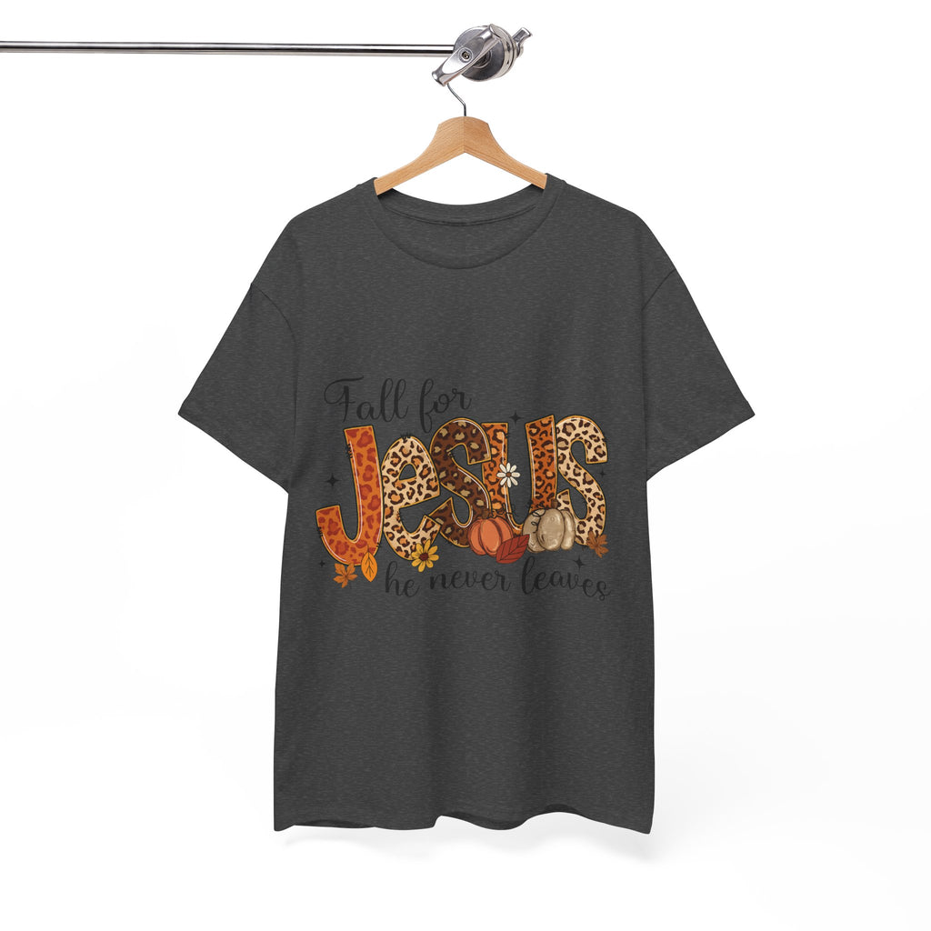 JESUS Leopard Print Fall T-Shirt — Pumpkins, Leaves & Floral Christian Unisex Cotton Tee