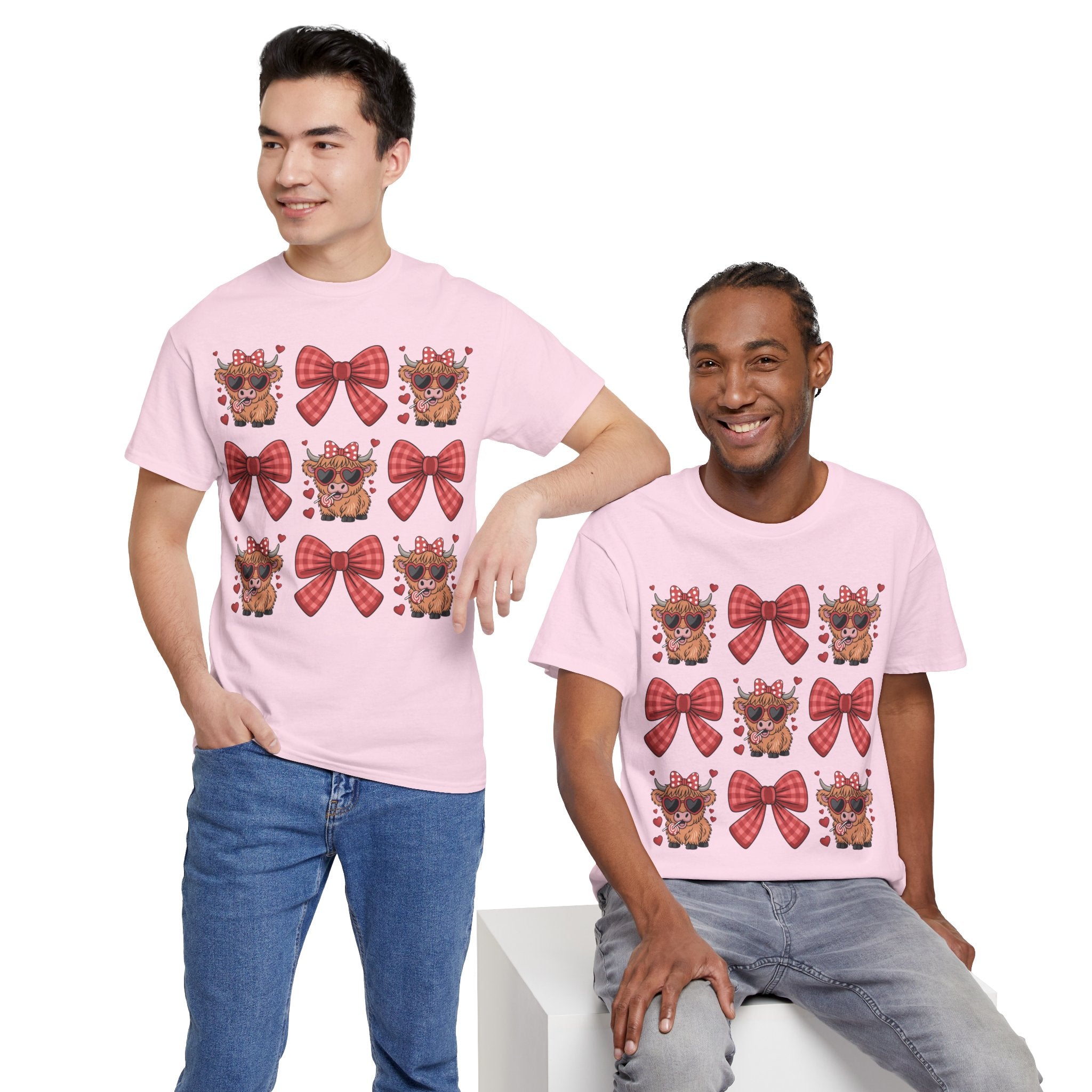 Valentine Cow Checkered Tee — Fluffy Cows with Heart Sunglasses & Red Bows..Unisex Cotton Tee