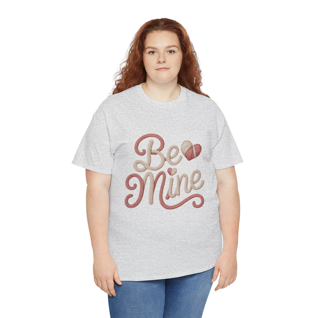 Be Mine Yarn Heart T-Shirt — Valentine’s Faux-Yarn Pink & Cream Unisex Cotton Tee