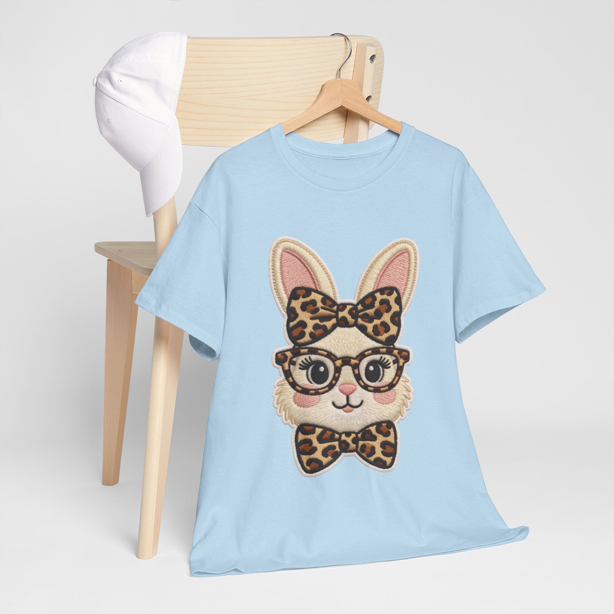 Leopard Bow Bunny Embroidered Tee — Cute Bunny Face with Glasses Patch Unisex Cotton Tee