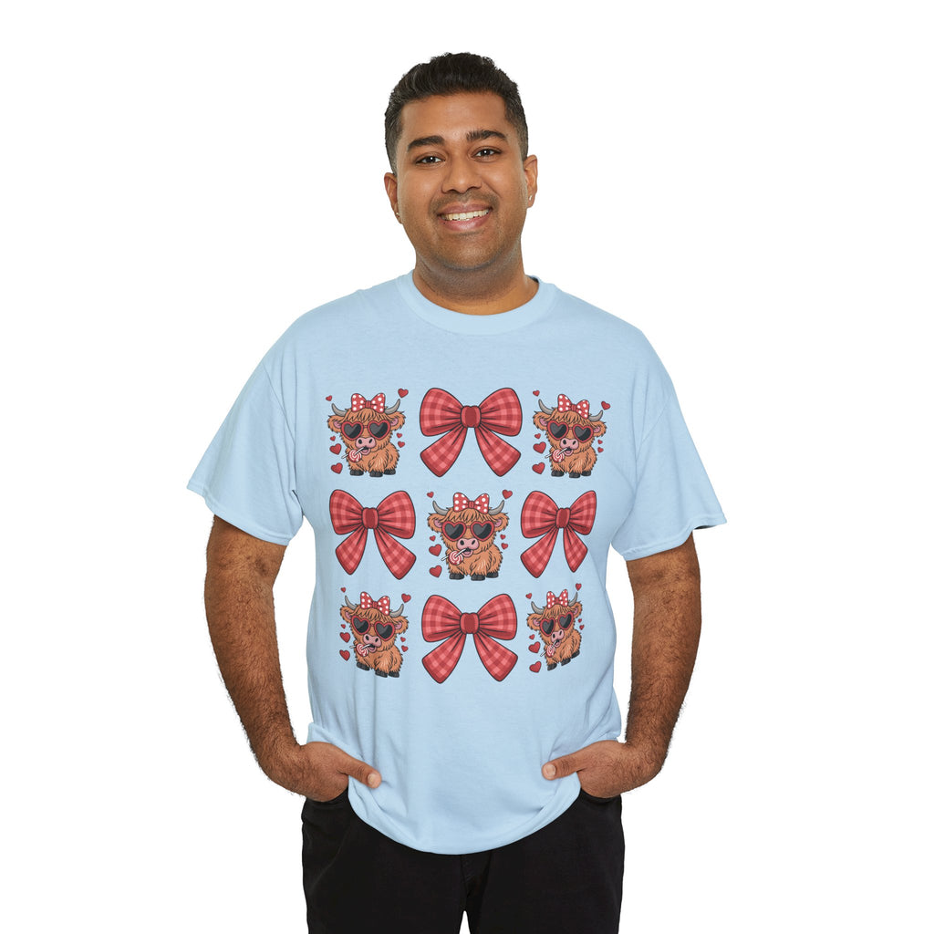 Valentine Cow Checkered Tee — Fluffy Cows with Heart Sunglasses & Red Bows..Unisex Cotton Tee