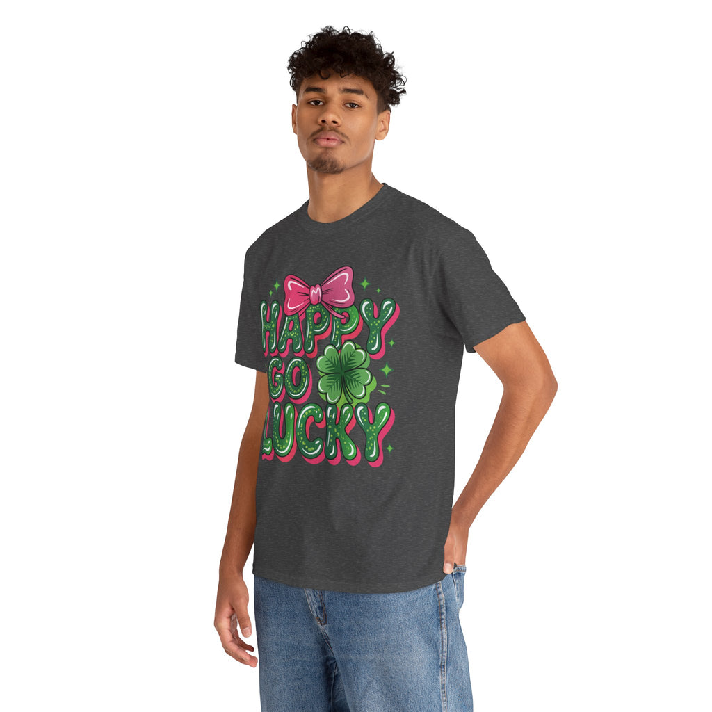 Happy Go Lucky Four-Leaf Clover Tee — Glossy Green Letters & Pink Bow Unisex Cotton Tee