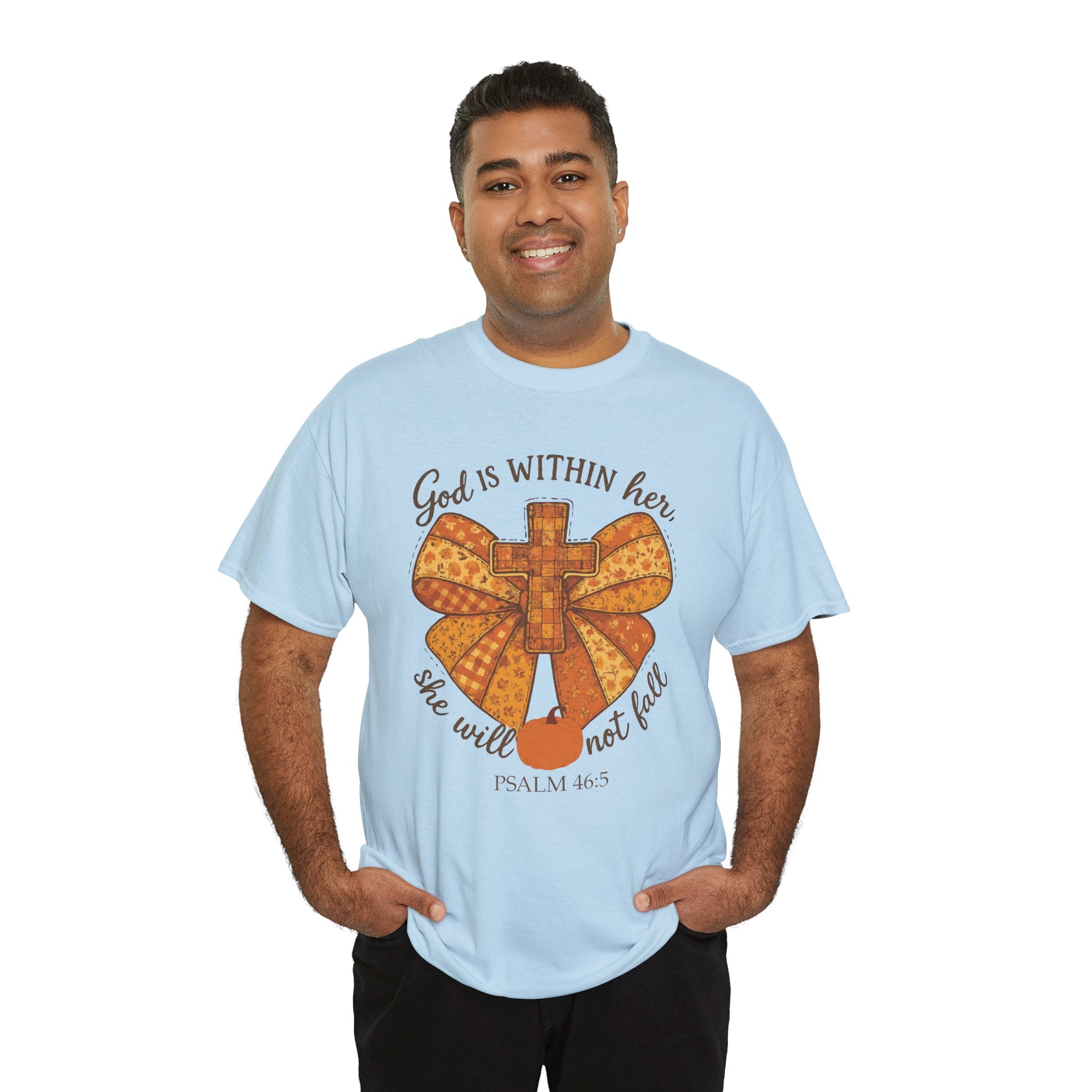 Psalm 46:5 Cross Patchwork Tee — Fall Bow Christian Unisex Cotton T-Shirt