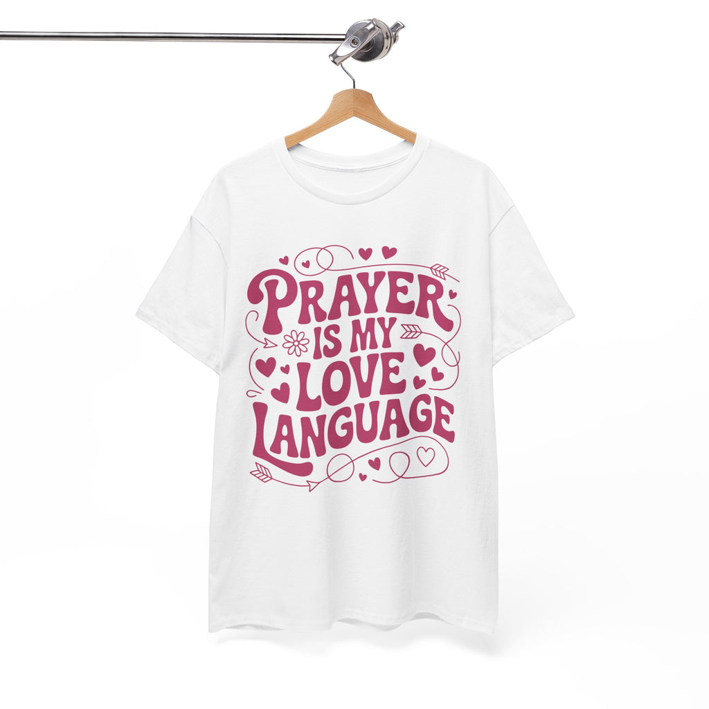 Prayer Is My Love Language Christian Tee — Pastel Pink Hearts Unisex Cotton Tee