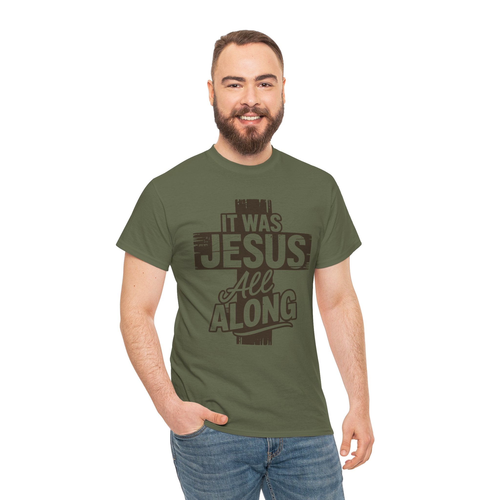 It Was Jesus All Along T-Shirt — Rustic Brown Cross Christian Unisex Cotton Tee