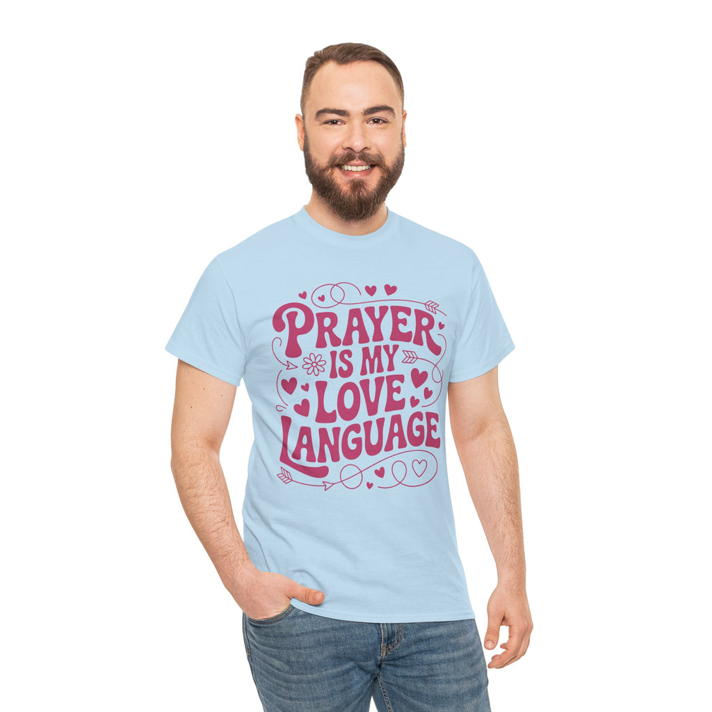 Prayer Is My Love Language Christian Tee — Pastel Pink Hearts Unisex Cotton Tee