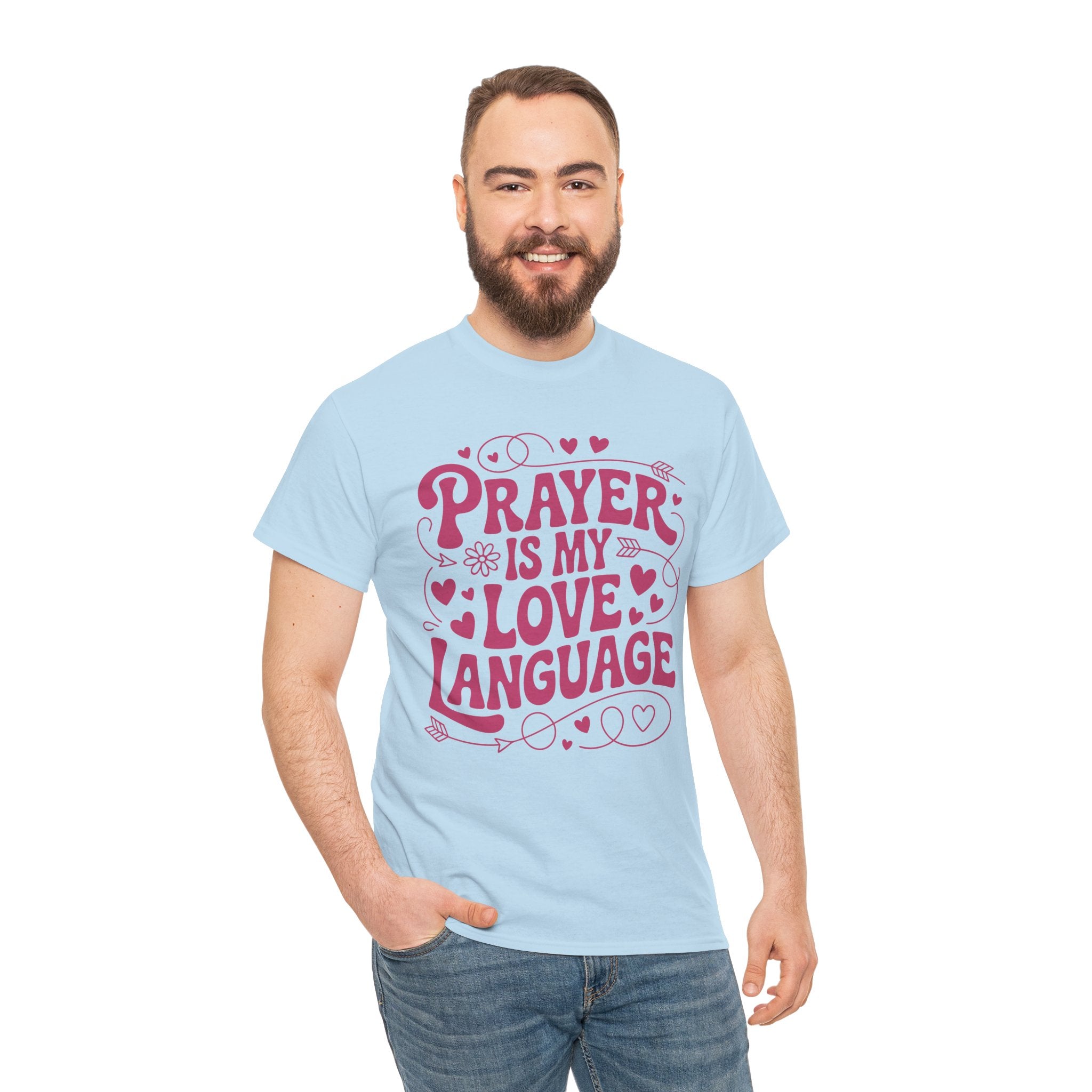 Prayer Is My Love Language Christian Tee — Pastel Pink Hearts Unisex Cotton Tee