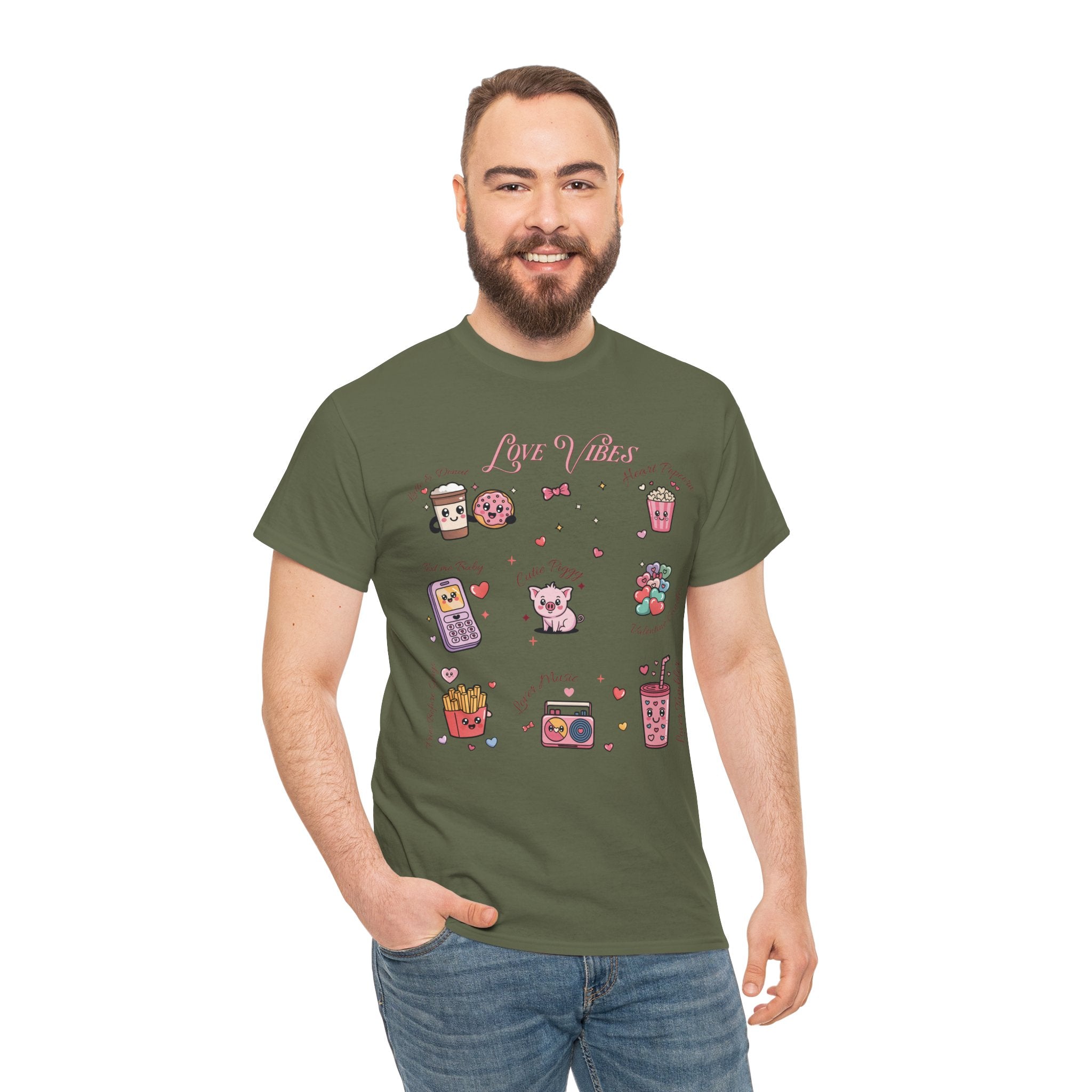 Love Vibes Kawaii Valentine T-Shirt — Cute Donut, Coffee & Piglet Design Unisex Cotton Tee