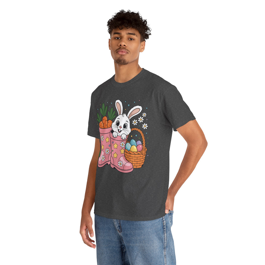 Easter Bunny in Pink Rain Boots T-Shirt — Cartoon Bunny, Carrots & Colorful Eggs Unisex Cotton Tee