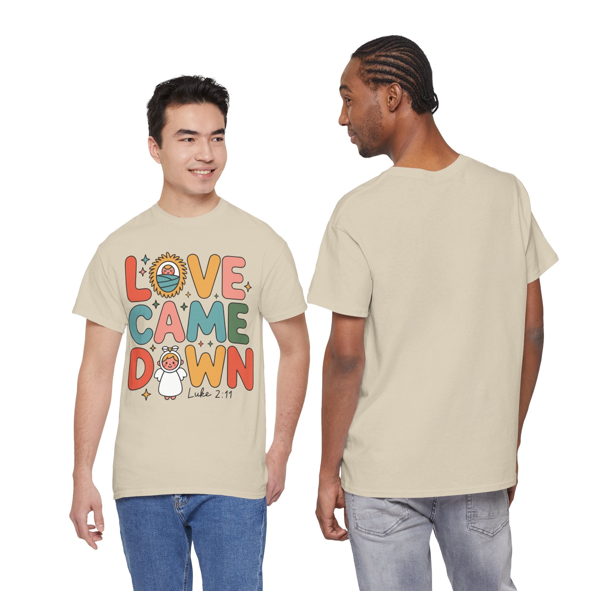 Love Came Down Christmas Tee — Baby Jesus Manger Angel (Luke 2:11)..Unisex Cotton Tee