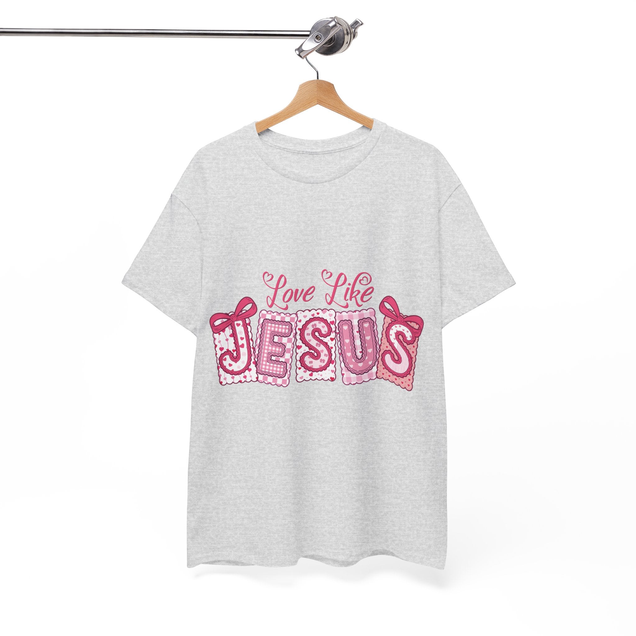 Love Like Jesus Patchwork Tee — Pink Stitched Heart Graphic.Unisex Cotton Tee