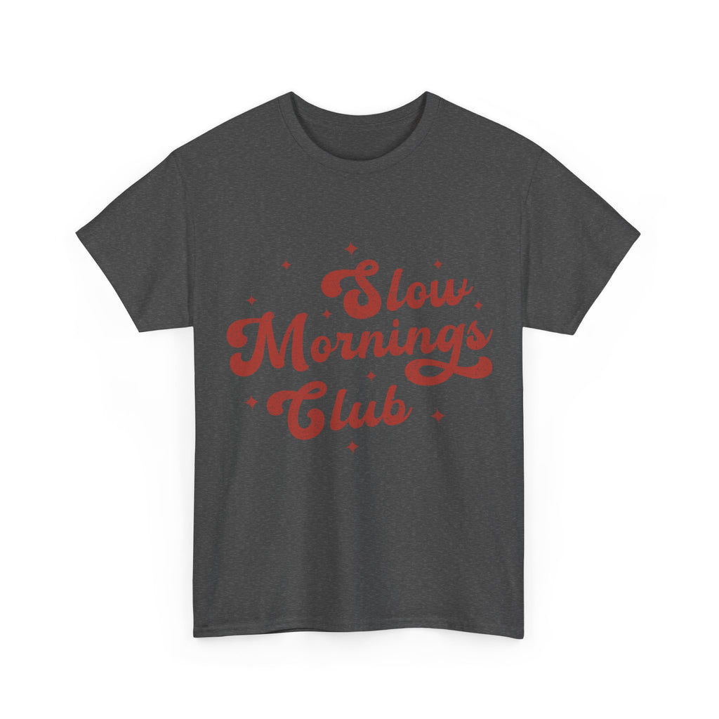 Slow Mornings Club T-Shirt — Retro Red Sparkle Unisex Cotton Tee
