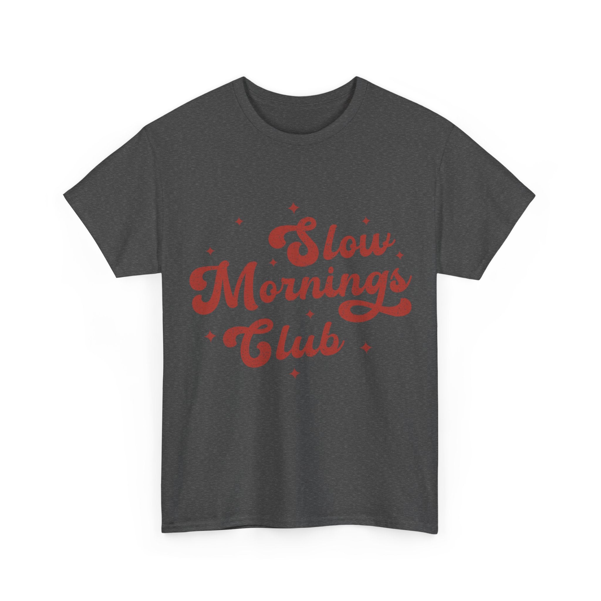 Slow Mornings Club T-Shirt — Retro Red Sparkle Unisex Cotton Tee