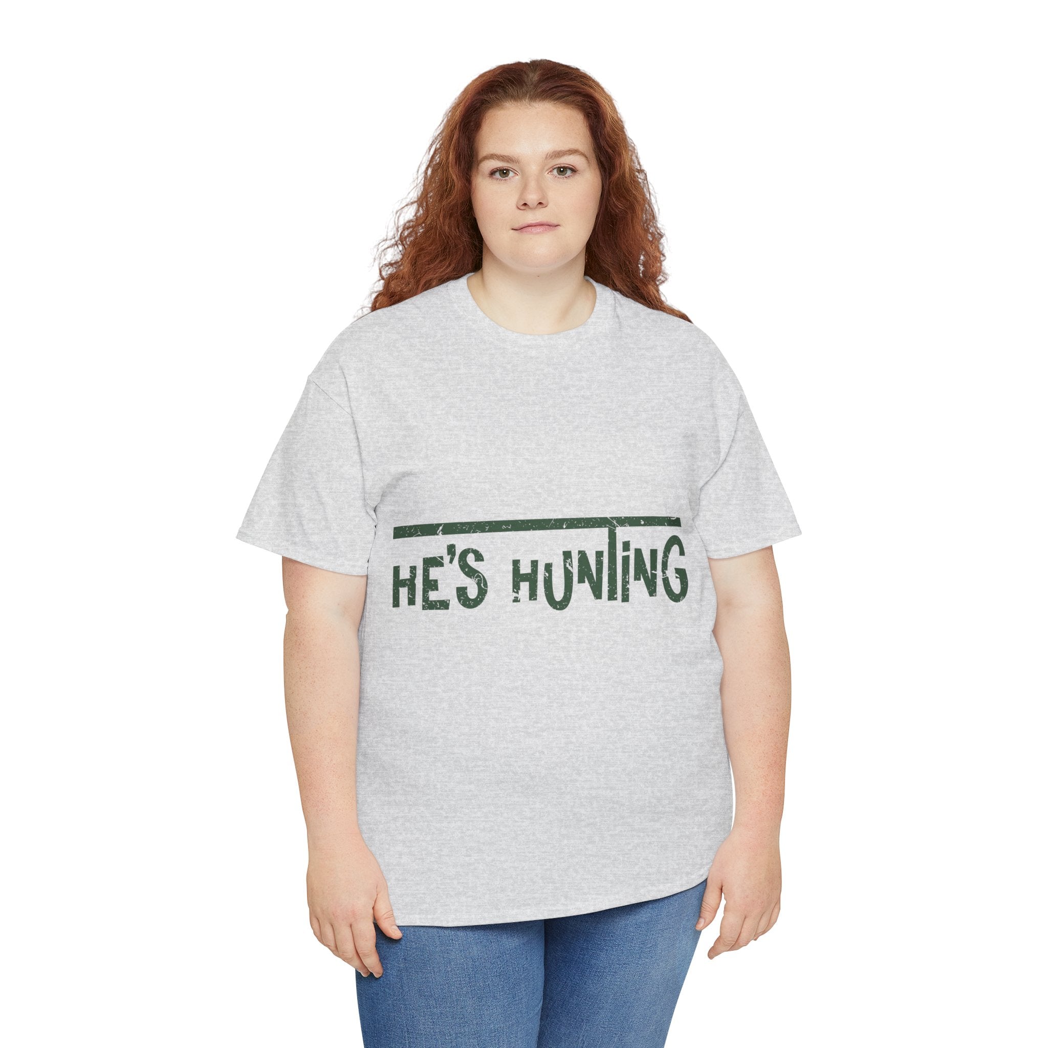 He’s Hunting Distressed Tee — Minimalist Tan Hunting Unisex Cotton Tshirt