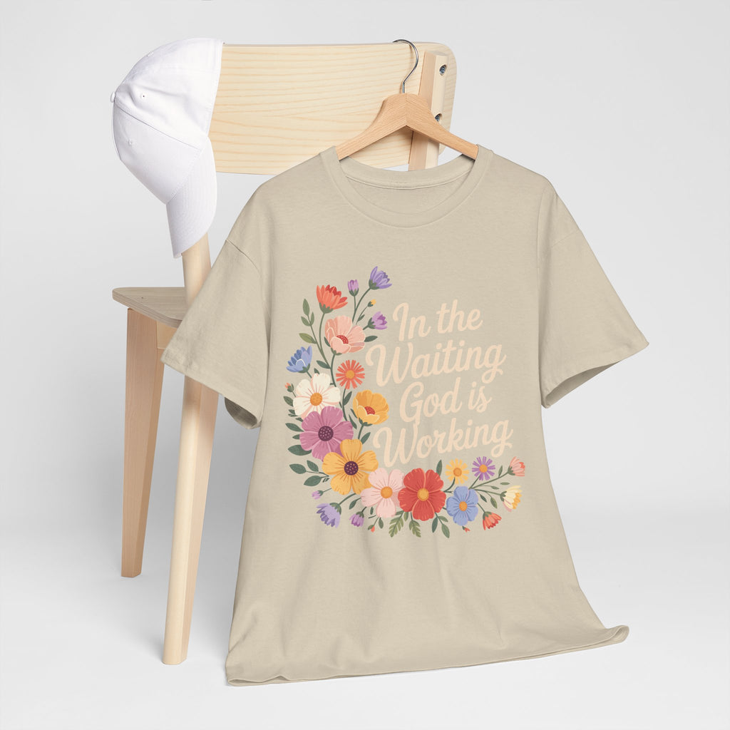 Pastel Floral “In the Waiting God Is Working” Unisex Cotton T-Shirt