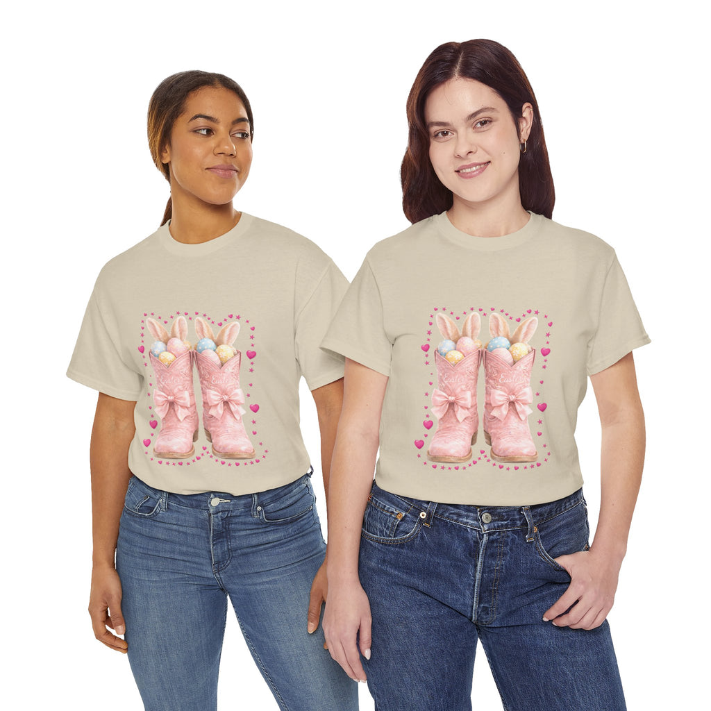 Easter Pink Western Boots Tee — Pastel Bunny Eggs & Bows Unisex Cotton Tee