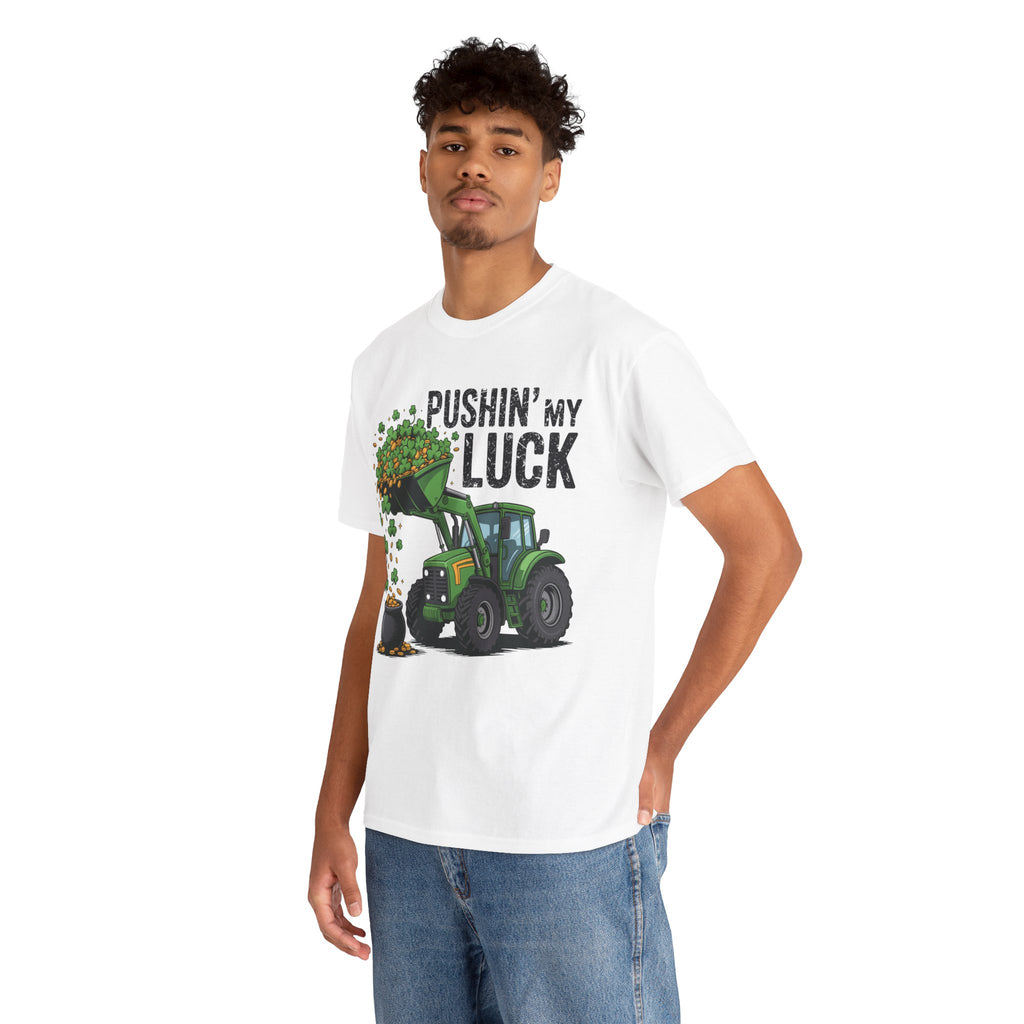 Pushin' My Luck Shamrock Tractor Tee — St. Patrick's Day Unisex Cotton T-Shirt