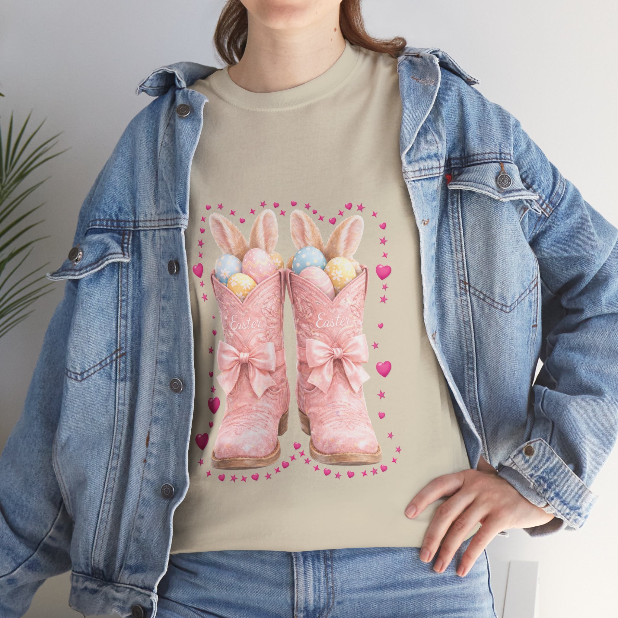Easter Pink Western Boots Tee — Pastel Bunny Eggs & Bows Unisex Cotton Tee