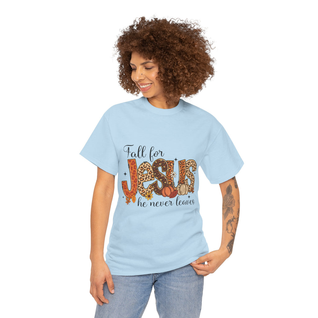 JESUS Leopard Print Fall T-Shirt — Pumpkins, Leaves & Floral Christian Unisex Cotton Tee