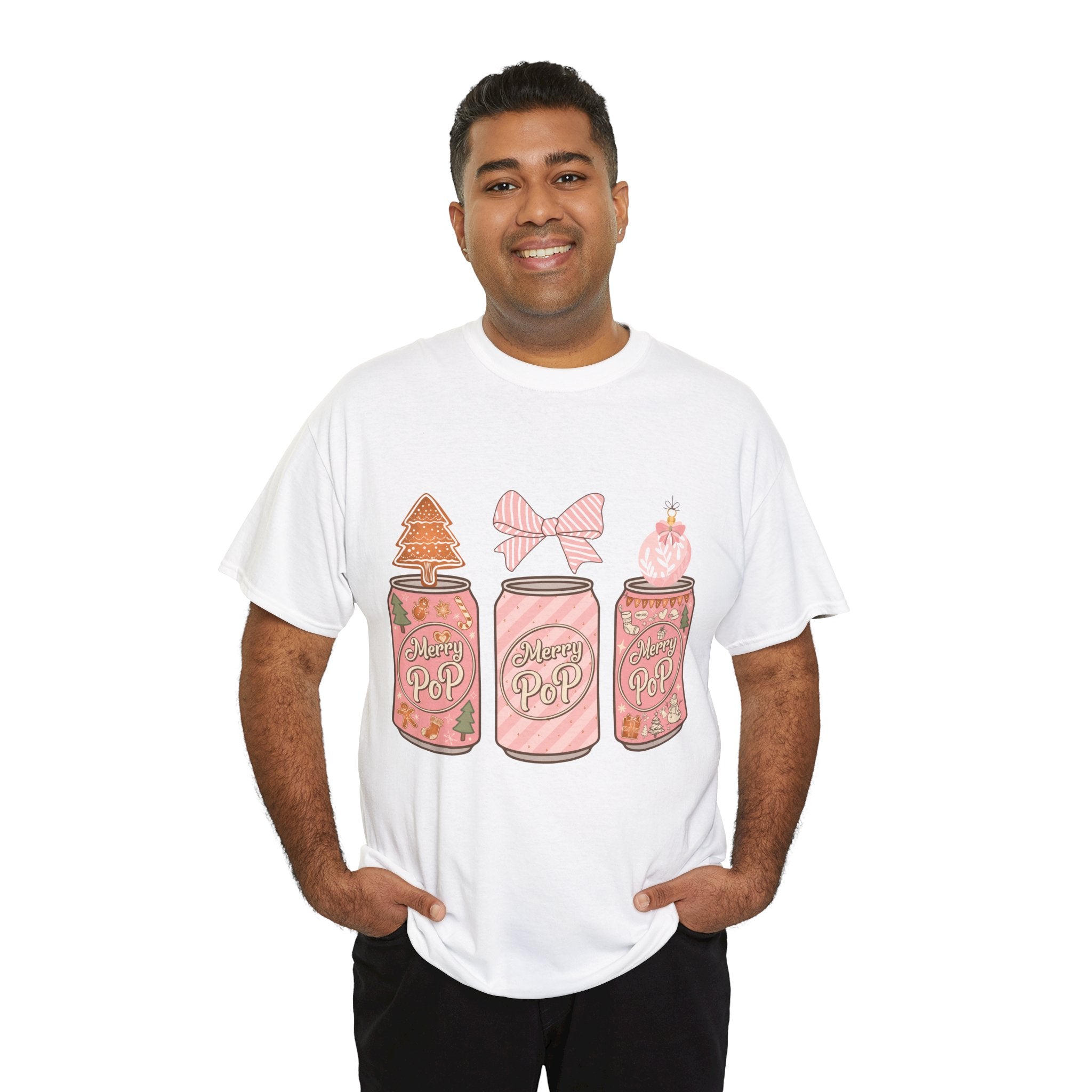 Merry Pop Christmas Soda Can Tee — Pastel Holiday Graphic Unisex Cotton T-Shirt