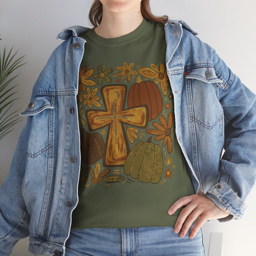Autumn Cross Tee — Rustic Pumpkin & Fall Floral Christian Unisaex Cotton T-Shirt