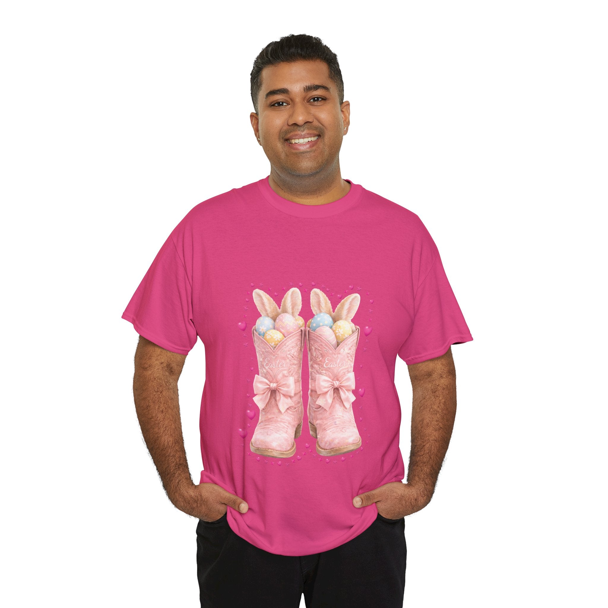 Easter Pink Western Boots Tee — Pastel Bunny Eggs & Bows Unisex Cotton Tee