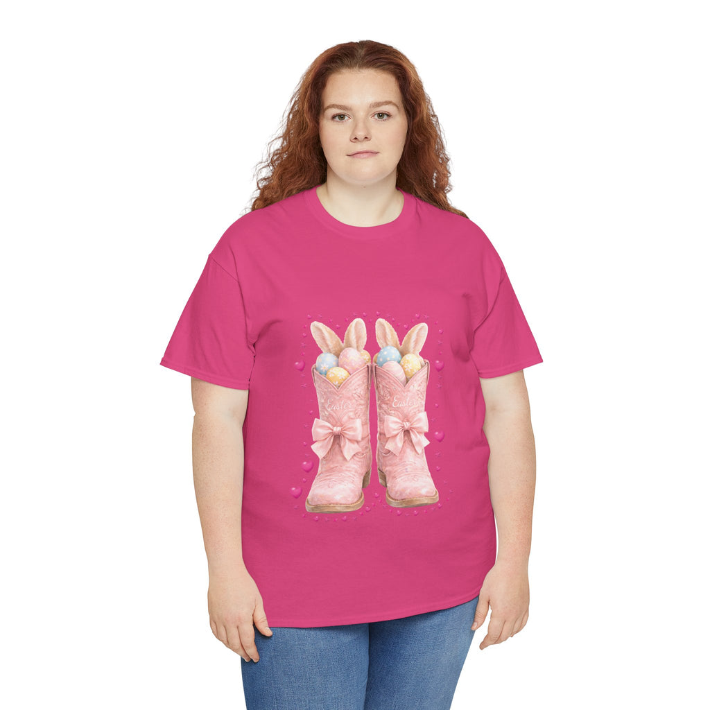 Easter Pink Western Boots Tee — Pastel Bunny Eggs & Bows Unisex Cotton Tee