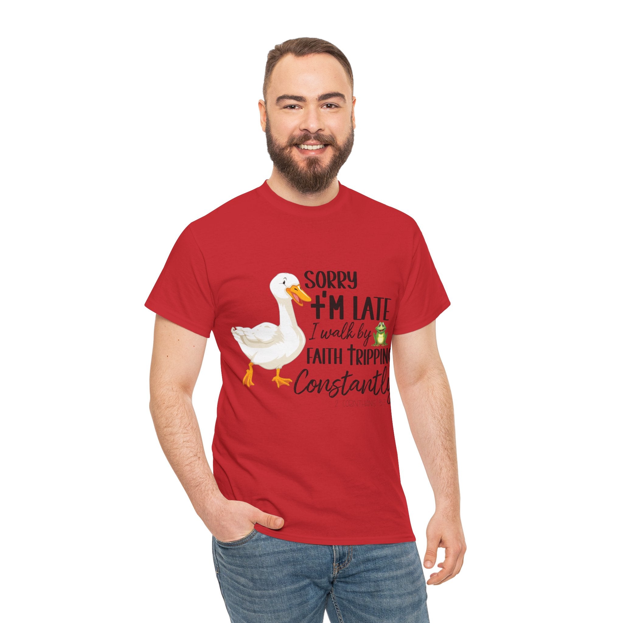 Christian Humor T-Shirt — “Sorry I’m Late, I Walk by Faith Tripping Constantly” (Duck & Frog). Unisex Cotton Tee